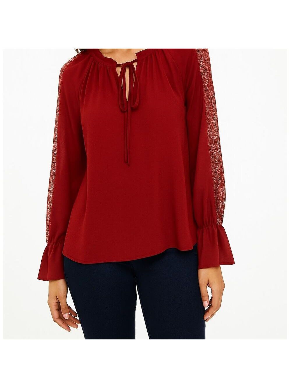 NWOT SOHO Red Blouse With‎ Gold Trim Sheer Sleeves XS